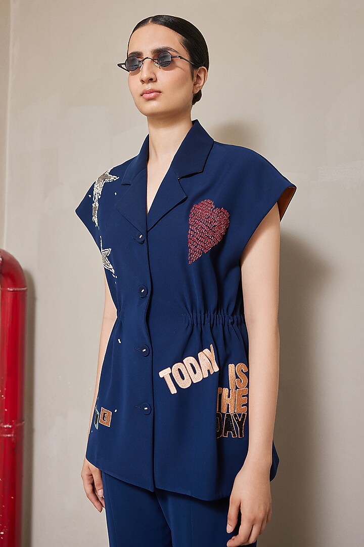 Navy Blue Japanese Crepe Bell-Bottom Pants by Shahin Mannan at Pernia's Pop Up Shop