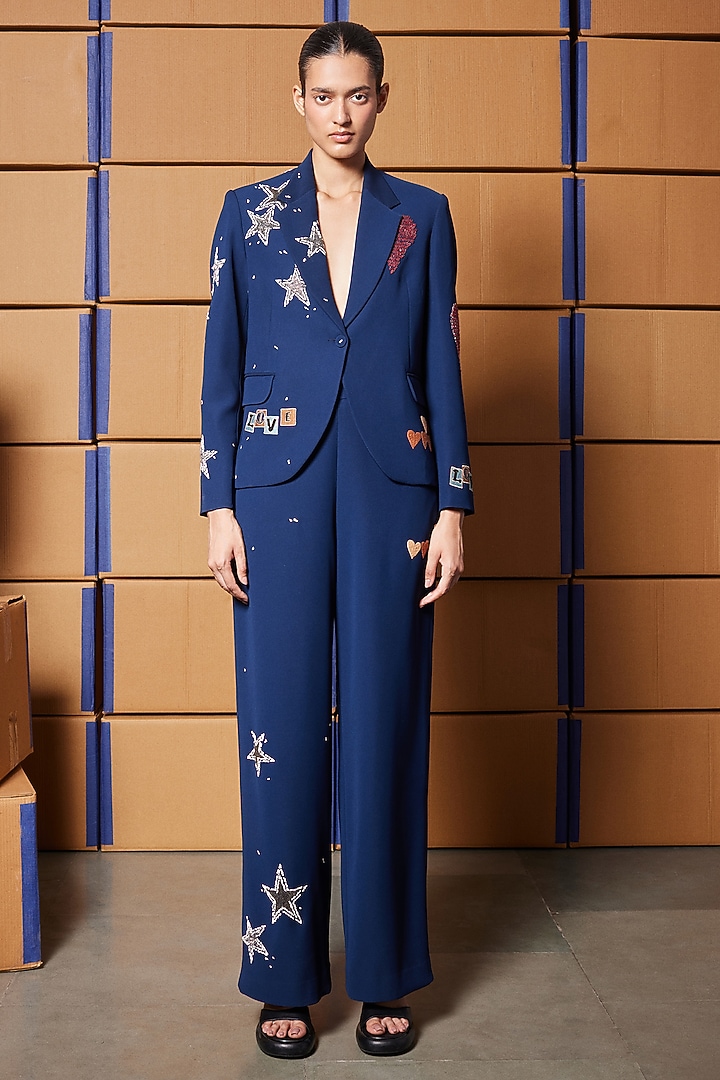 Navy Blue Japanese Crepe Blazer by Shahin Mannan at Pernia's Pop Up Shop