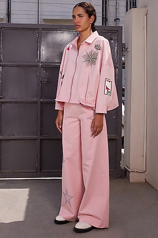 Flamingo Pink Twill Denim Oversized Shacket by Shahin Mannan