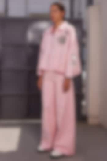 Flamingo Pink Twill Denim Flared Pants by Shahin Mannan at Pernia's Pop Up Shop