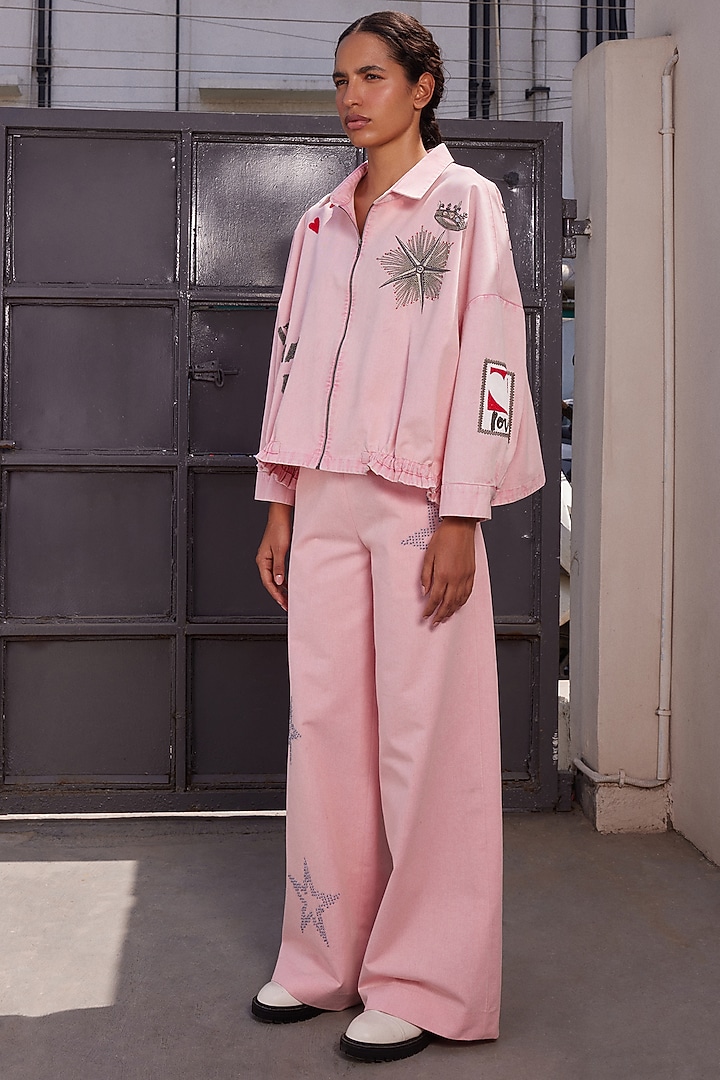 Flamingo Pink Twill Denim Flared Pants by Shahin Mannan at Pernia's Pop Up Shop
