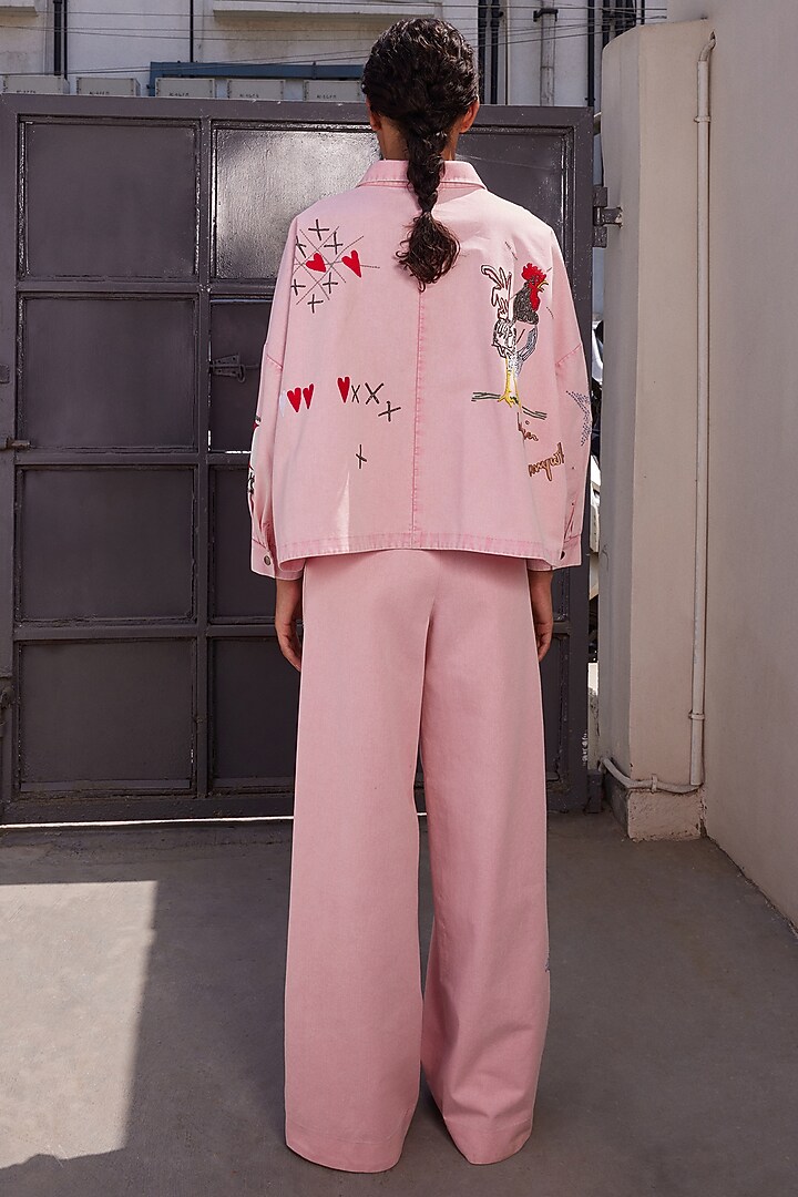 Flamingo Pink Twill Denim Flared Pants by Shahin Mannan at Pernia's Pop Up Shop