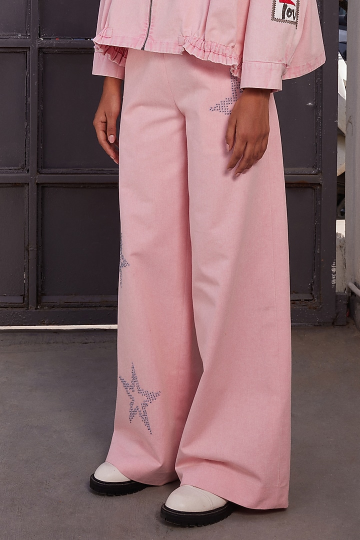 Flamingo Pink Twill Denim Flared Pants by Shahin Mannan at Pernia's Pop Up Shop