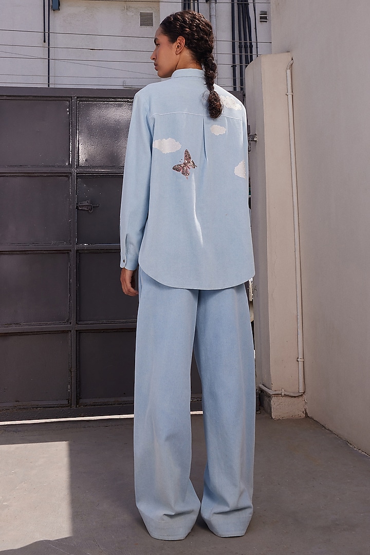 Light Blue Washed Denim Cactus High-Low Shirt by Shahin Mannan at Pernia's Pop Up Shop