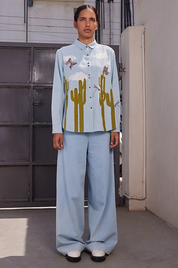 Light Blue Washed Denim Cactus High-Low Shirt by Shahin Mannan at Pernia's Pop Up Shop