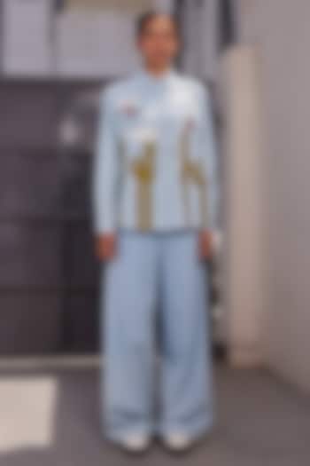 Light Blue Washed Denim Flared Pants by Shahin Mannan at Pernia's Pop Up Shop