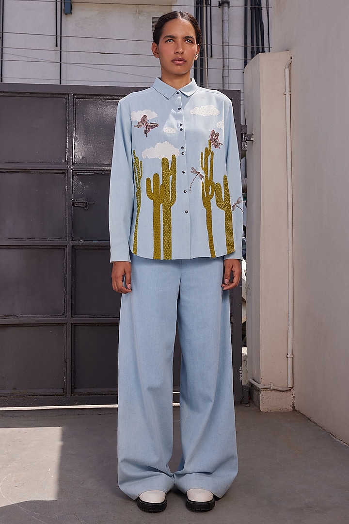 Light Blue Washed Denim Flared Pants by Shahin Mannan at Pernia's Pop Up Shop