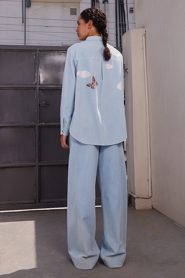 Light Blue Washed Denim Flared Pants by Shahin Mannan at Pernia's Pop Up Shop