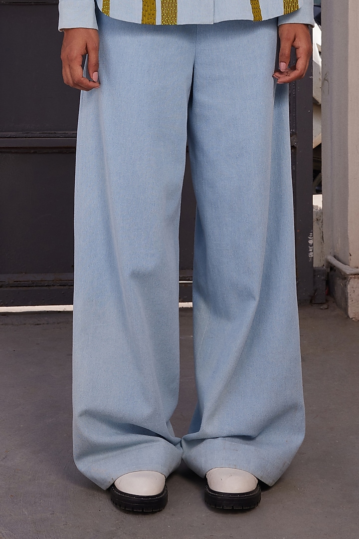Light Blue Washed Denim Flared Pants by Shahin Mannan at Pernia's Pop Up Shop