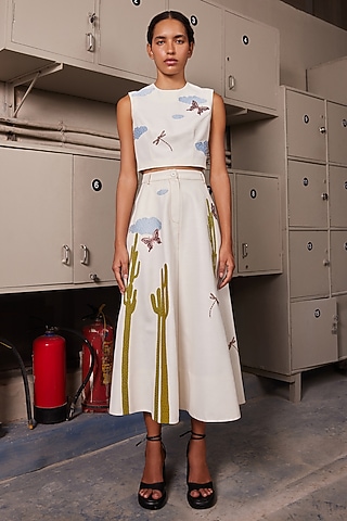 Ivory Satin Twill Tiered Skirt Set by Shahin Mannan