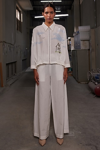 Ivory Cotton Silk Pants by Shahin Mannan
