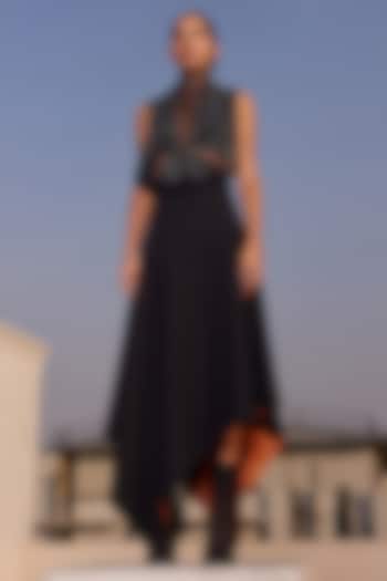 Black Scuba Crepe Asymmetrical Skirt by Shahin Mannan at Pernia's Pop Up Shop