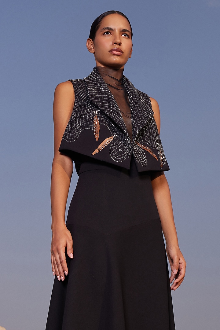 Black Scuba Crepe Asymmetrical Skirt by Shahin Mannan at Pernia's Pop Up Shop