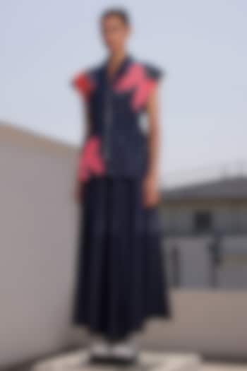 Navy Blue Denim Circular Skirt Set by Shahin Mannan at Pernia's Pop Up Shop