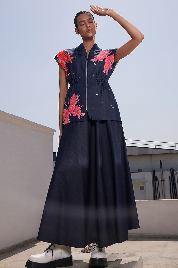 Navy Blue Denim Circular Skirt Set by Shahin Mannan at Pernia's Pop Up Shop