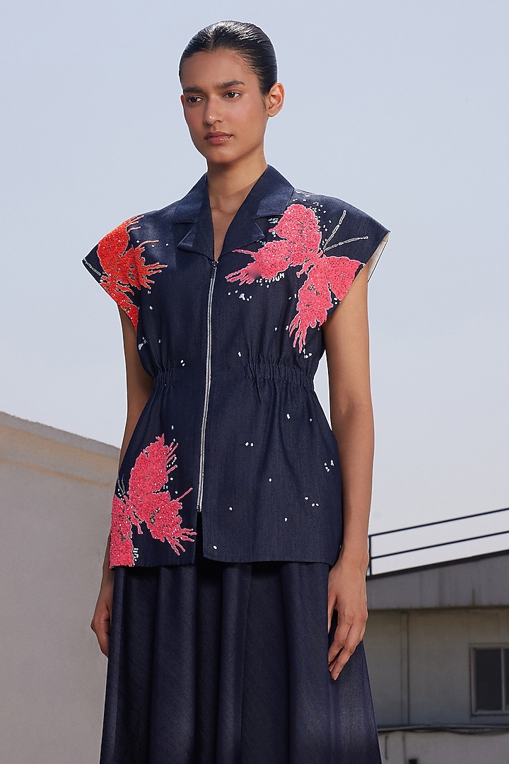 Navy Blue Denim Circular Skirt Set by Shahin Mannan at Pernia's Pop Up Shop