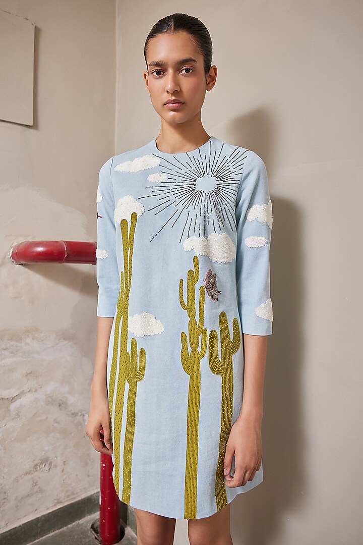 Light Blue Washed Denim Mini Cocktail Dress by Shahin Mannan at Pernia's Pop Up Shop