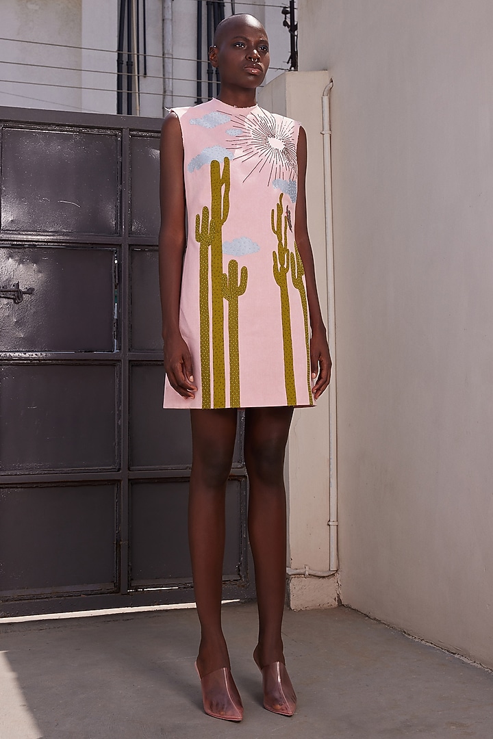 Flamingo Pink Twill Denim Mini Cocktail Dress by Shahin Mannan at Pernia's Pop Up Shop