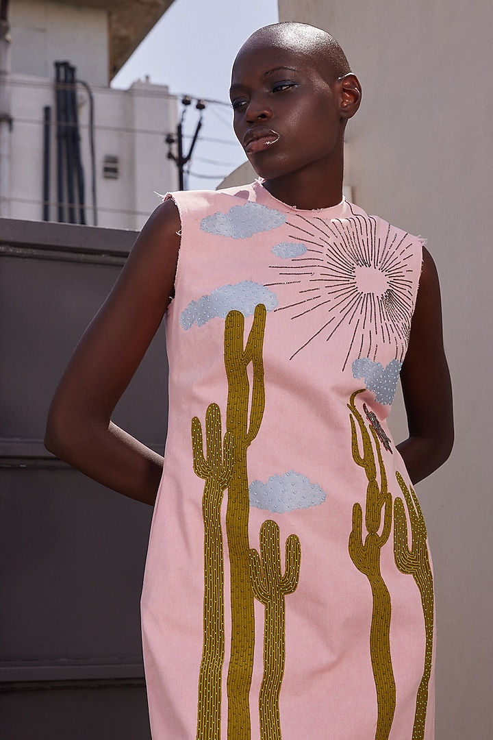 Flamingo Pink Twill Denim Mini Cocktail Dress by Shahin Mannan at Pernia's Pop Up Shop