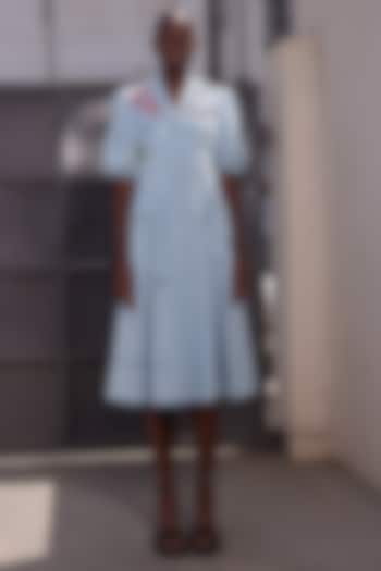 Light Blue Washed Denim Flared Cocktail Dress by Shahin Mannan at Pernia's Pop Up Shop