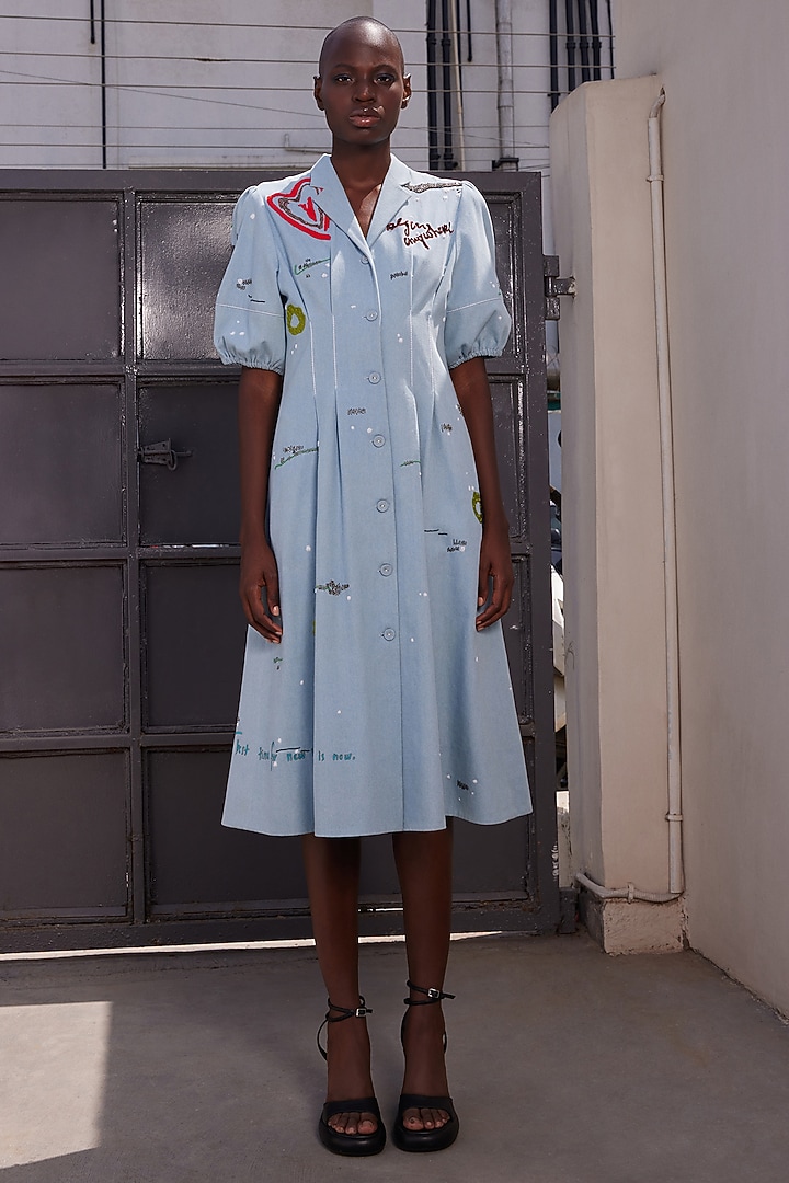 Light Blue Washed Denim Flared Cocktail Dress by Shahin Mannan at Pernia's Pop Up Shop
