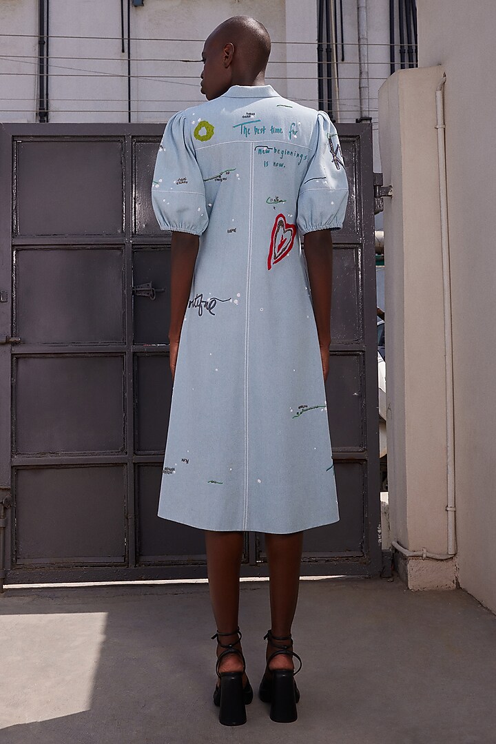 Light Blue Washed Denim Flared Cocktail Dress by Shahin Mannan at Pernia's Pop Up Shop