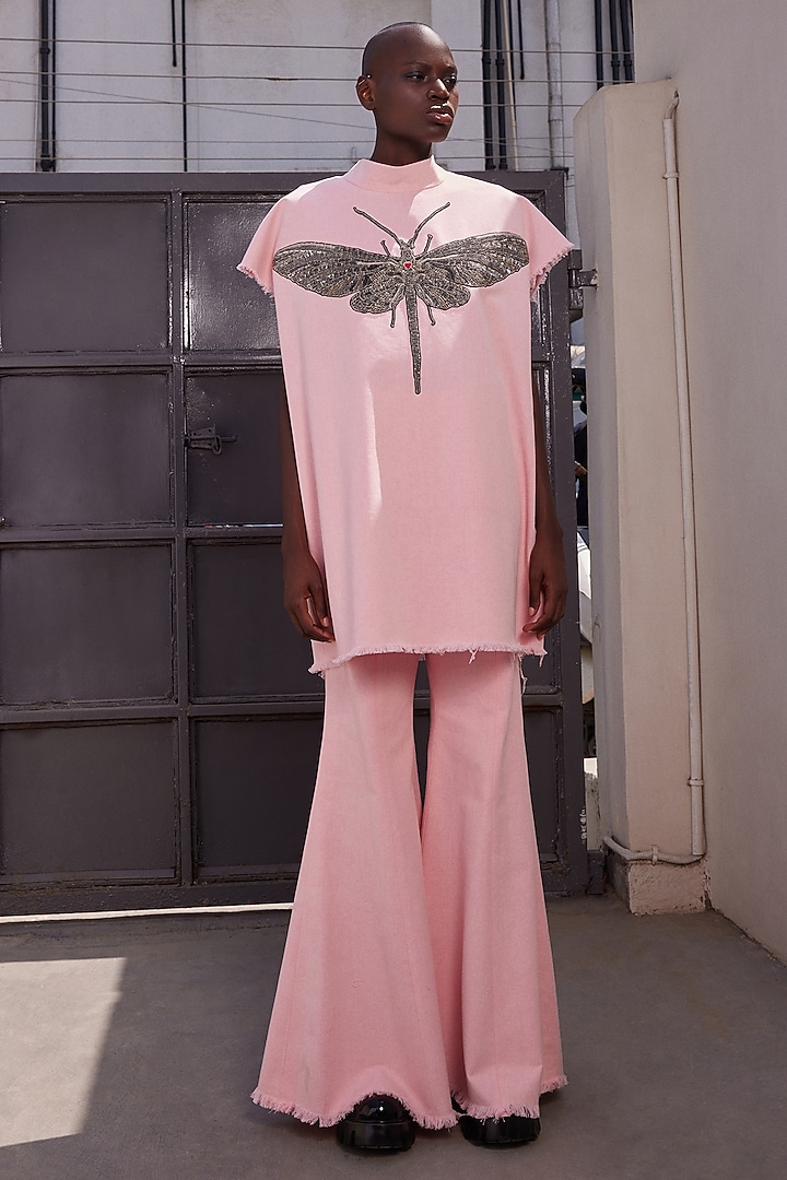 Flamingo Pink Twill Denim Oversized T-shirt by Shahin Mannan at Pernia's Pop Up Shop