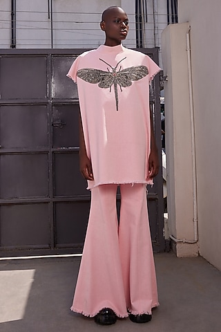 Flamingo Pink Twill Denim Oversized T-shirt by Shahin Mannan