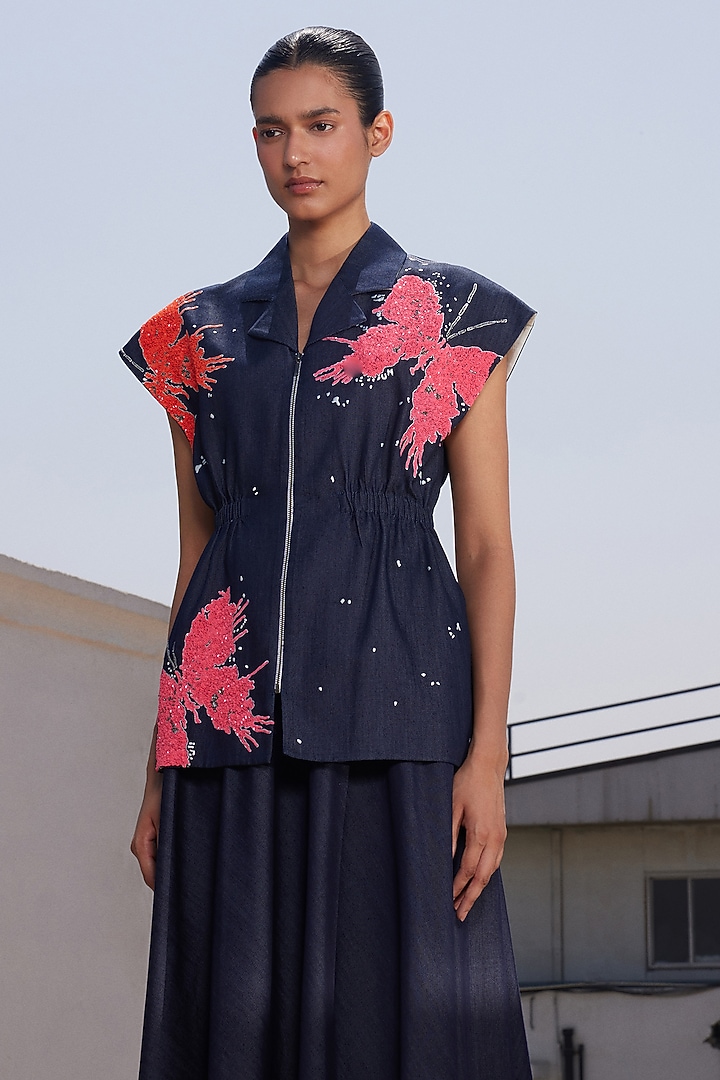 Navy Blue Denim Robe Jacket by Shahin Mannan at Pernia's Pop Up Shop