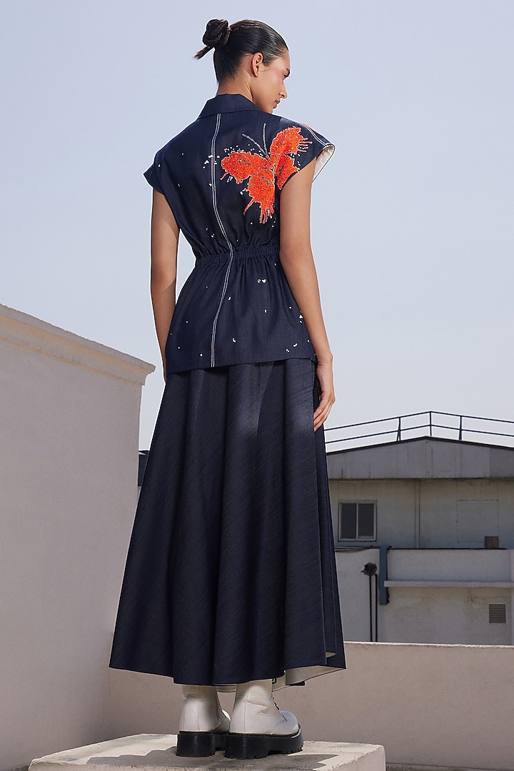 Navy Blue Denim Robe Jacket by Shahin Mannan at Pernia's Pop Up Shop