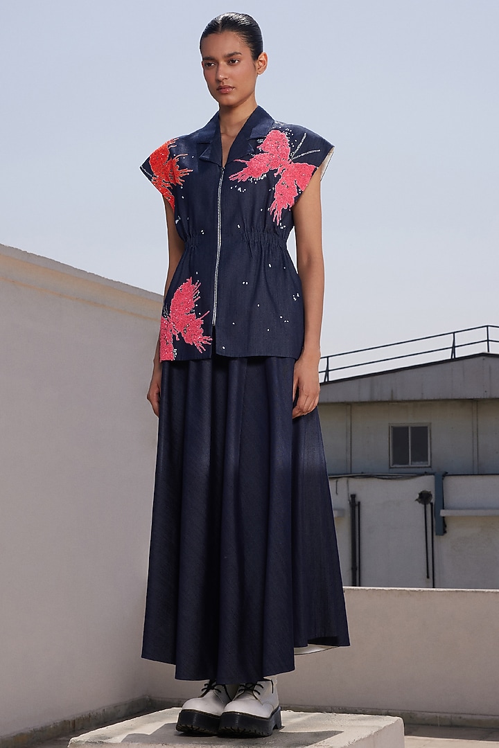 Navy Blue Denim Robe Jacket by Shahin Mannan at Pernia's Pop Up Shop