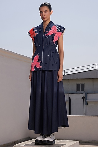 Navy Blue Denim Circular Skirt by Shahin Mannan