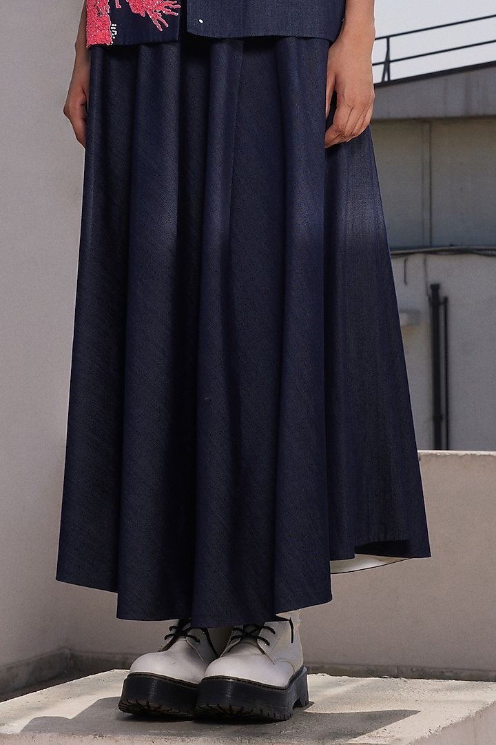 Navy Blue Denim Circular Skirt by Shahin Mannan at Pernia's Pop Up Shop