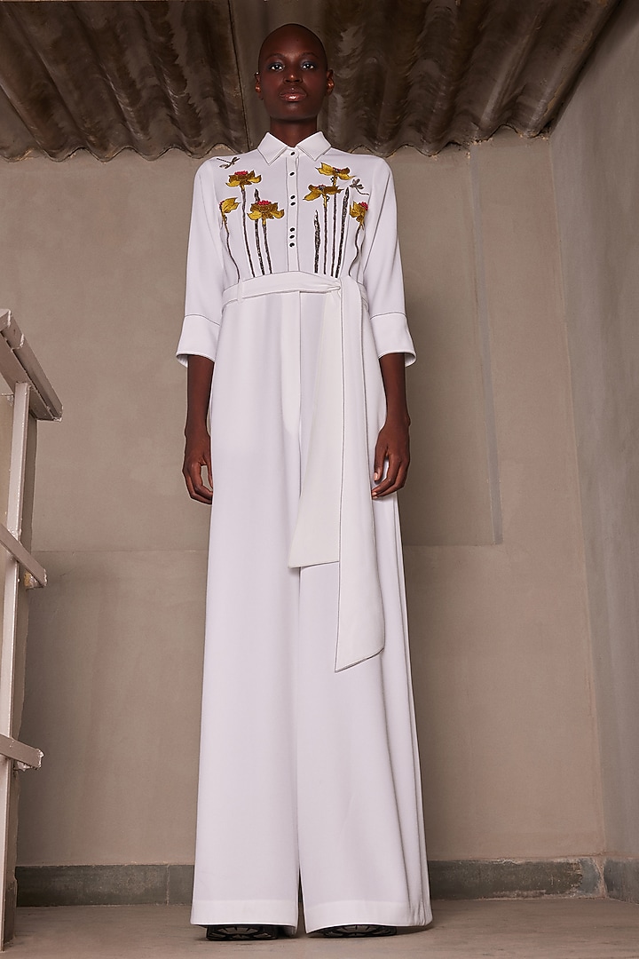 Ivory Japanese Crepe Jumpsuit With Belt by Shahin Mannan at Pernia's Pop Up Shop