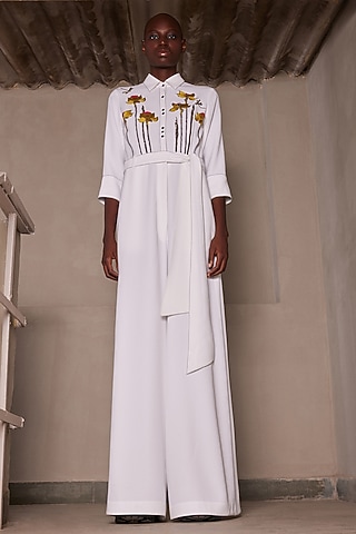 Ivory Japanese Crepe Jumpsuit With Belt by Shahin Mannan