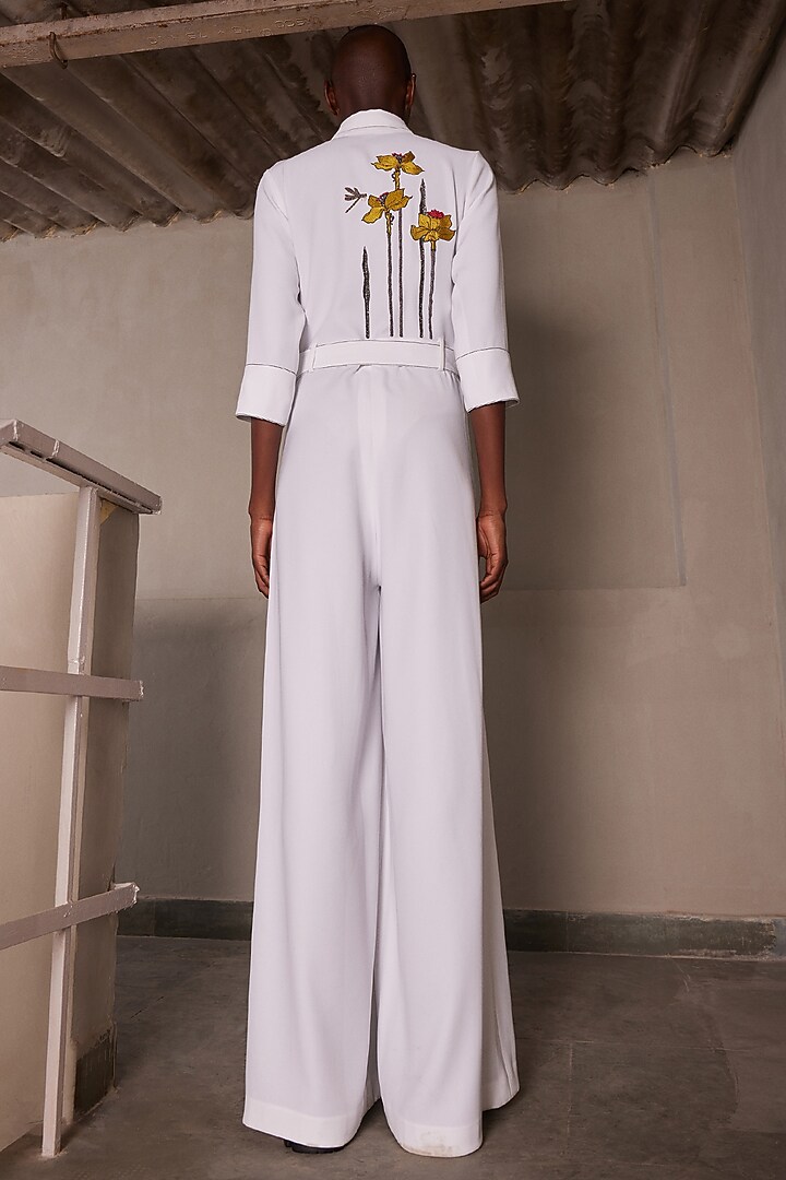 Ivory Japanese Crepe Jumpsuit With Belt by Shahin Mannan at Pernia's Pop Up Shop