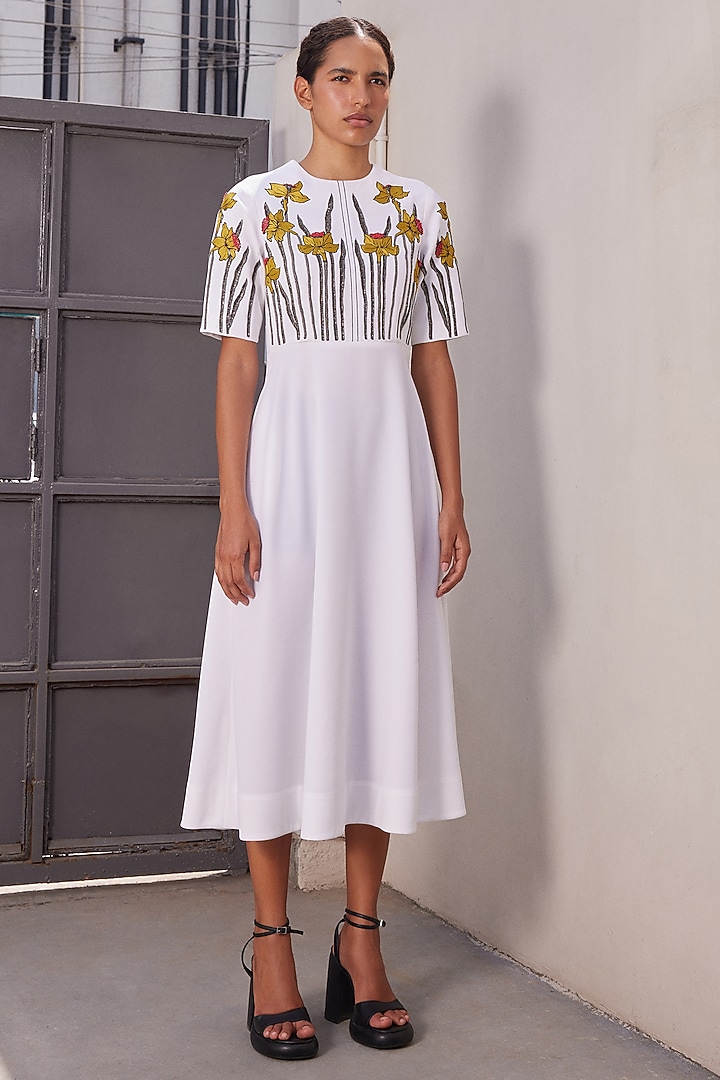 Ivory Japanese Crepe Midi Cocktail Dress by Shahin Mannan at Pernia's Pop Up Shop