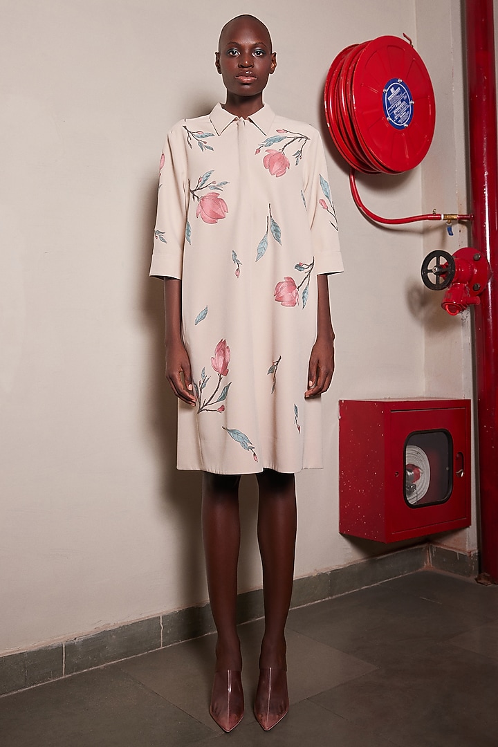 Beige Japanese Crepe Flared Cocktail Dress by Shahin Mannan at Pernia's Pop Up Shop