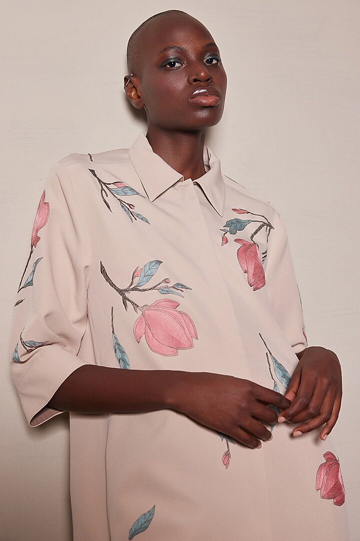 Beige Japanese Crepe Flared Cocktail Dress by Shahin Mannan at Pernia's Pop Up Shop