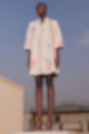 Beige Double Crepe Flared Cocktail Dress by Shahin Mannan at Pernia's Pop Up Shop