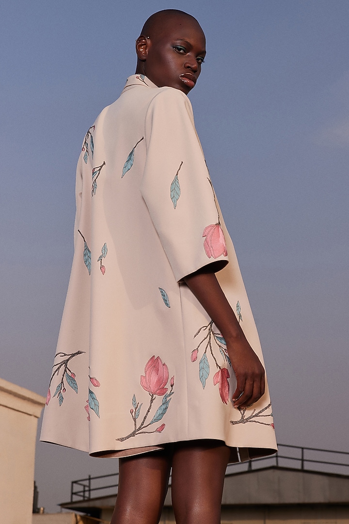 Beige Double Crepe Flared Cocktail Dress by Shahin Mannan at Pernia's Pop Up Shop