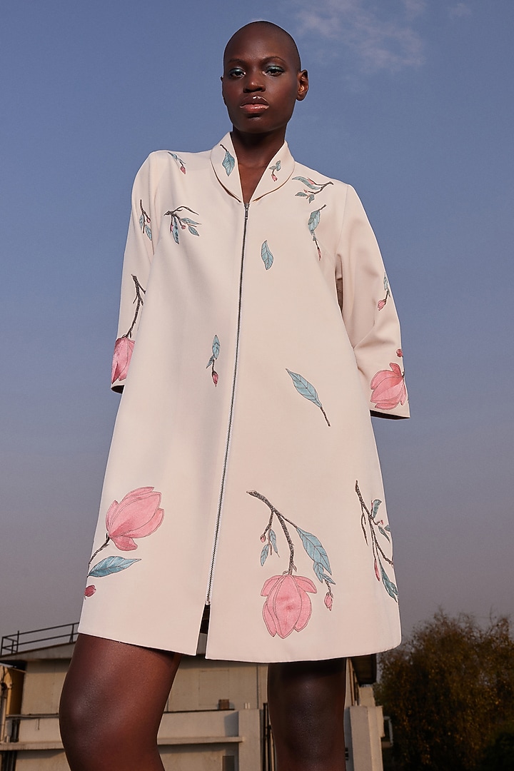 Beige Double Crepe Flared Cocktail Dress by Shahin Mannan at Pernia's Pop Up Shop