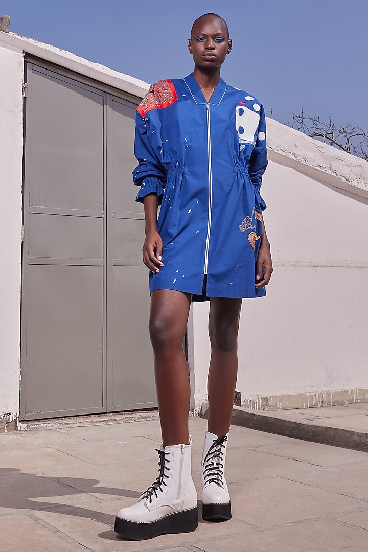 Ink Blue Poplin Textured Jacket Vacation Dress by Shahin Mannan at Pernia's Pop Up Shop