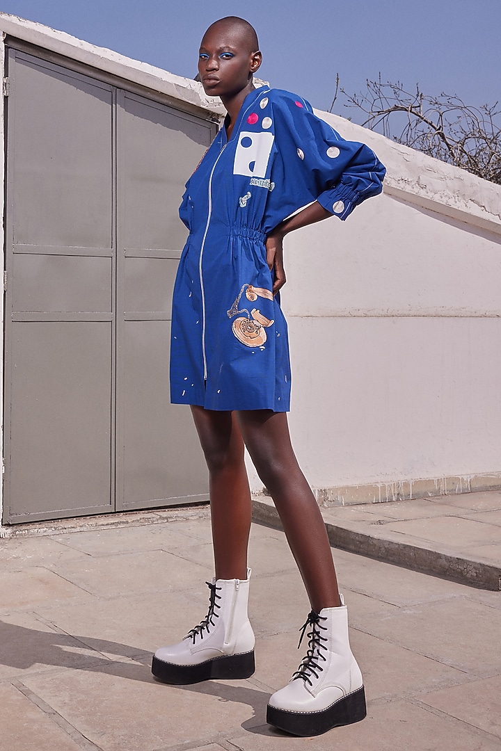 Ink Blue Poplin Textured Jacket Vacation Dress by Shahin Mannan at Pernia's Pop Up Shop