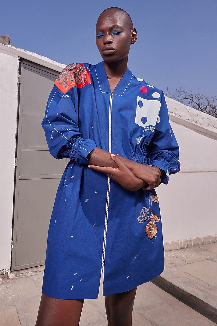 Ink Blue Poplin Textured Jacket Vacation Dress by Shahin Mannan at Pernia's Pop Up Shop