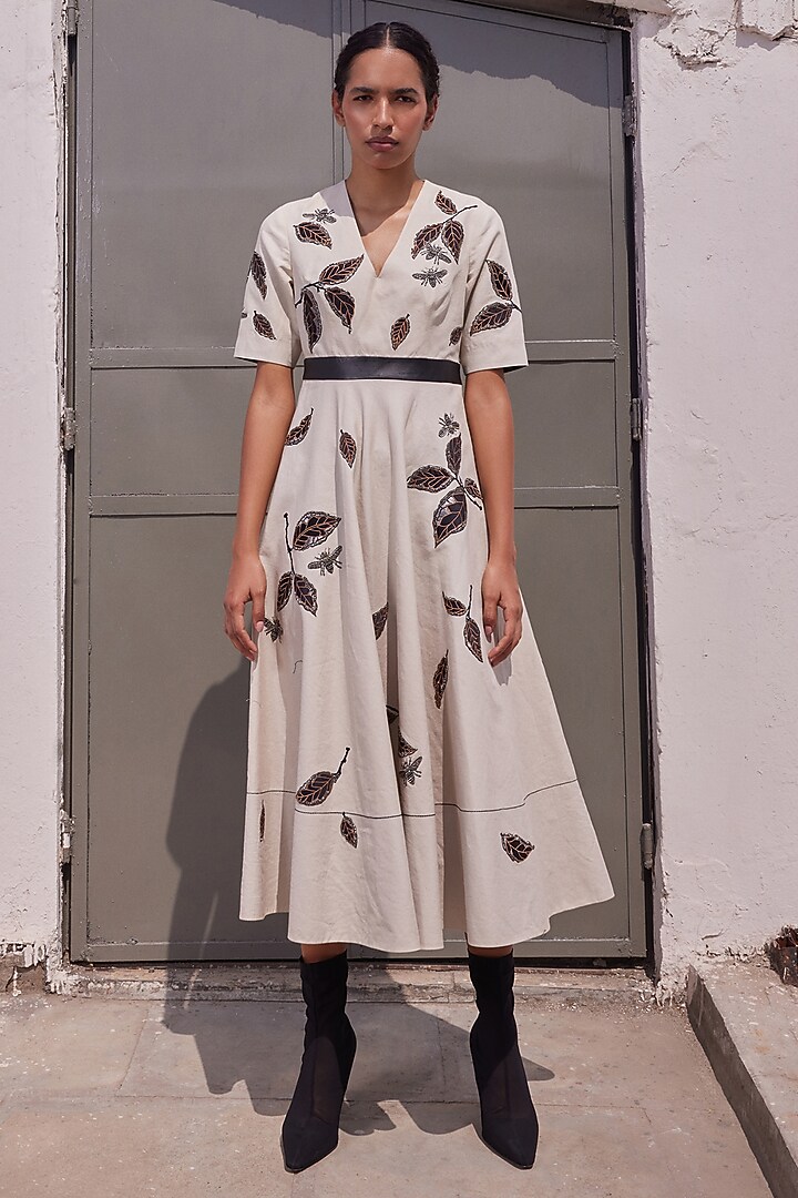 Sand-Colored Cotton Linen Circular Cocktail Dress by Shahin Mannan at Pernia's Pop Up Shop