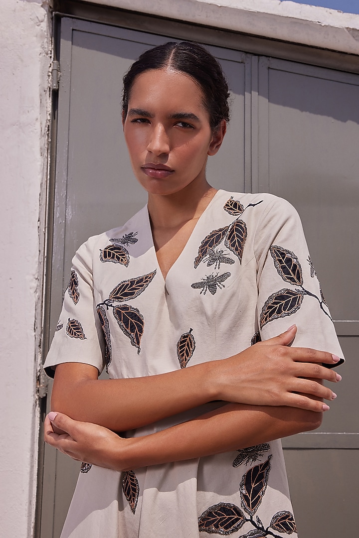 Sand-Colored Cotton Linen Circular Cocktail Dress by Shahin Mannan at Pernia's Pop Up Shop