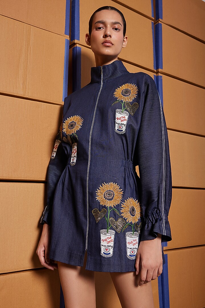 Night Blue Denim Floral Jacket Cocktail Dress by Shahin Mannan at Pernia's Pop Up Shop