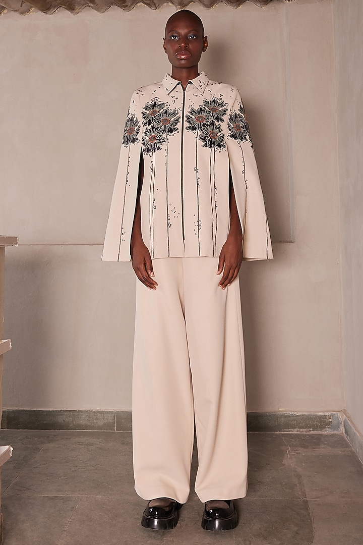 Beige Double Crepe Floral Patch Work Co-Ord Set by Shahin Mannan at Pernia's Pop Up Shop
