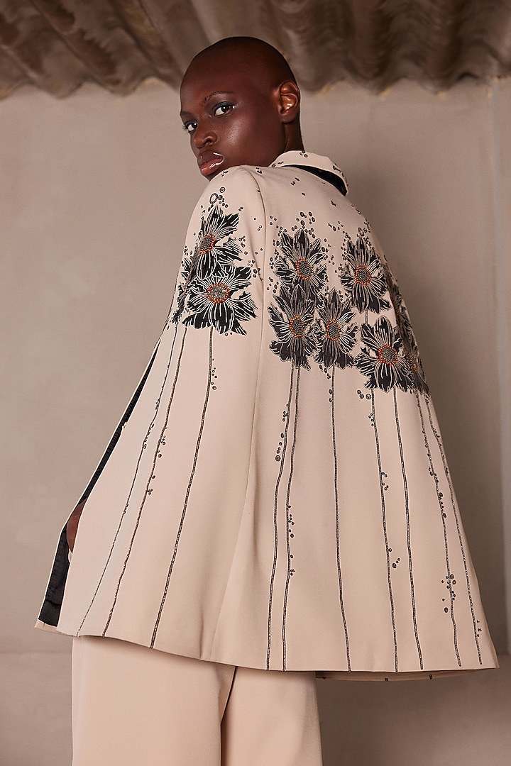 Beige Double Crepe Floral Patch Work Cape by Shahin Mannan at Pernia's Pop Up Shop
